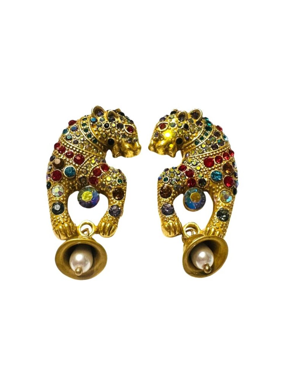 Leopard-Shaped Gold-Tone Drop Earrings With Multicolor Rhinestones & Faux Pearl